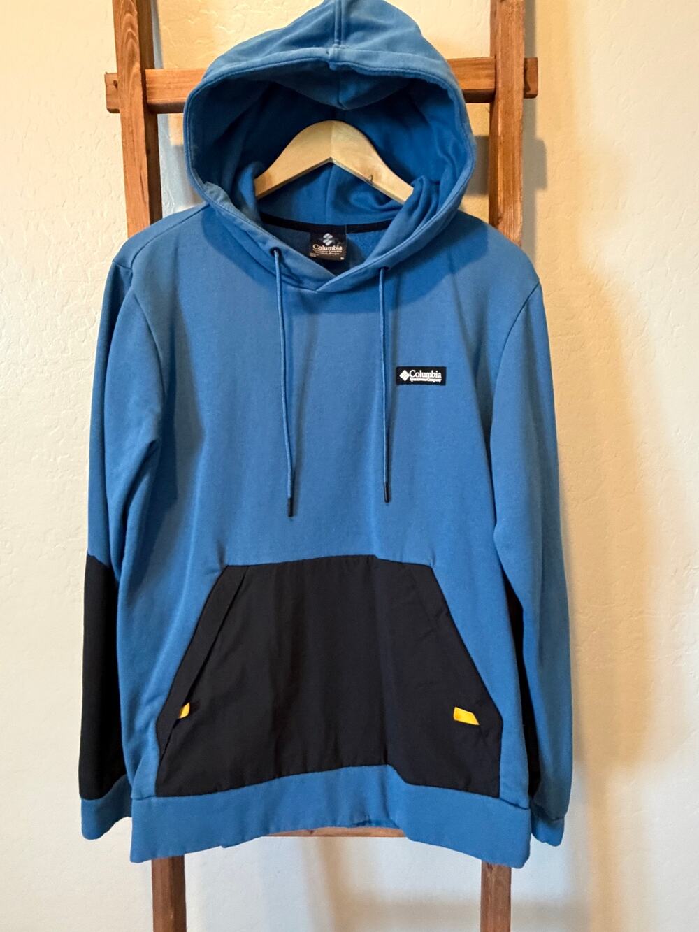 Columbia Ballistic Ridge Hoodie Blue Colorblock Mens Medium Pullover Fleece